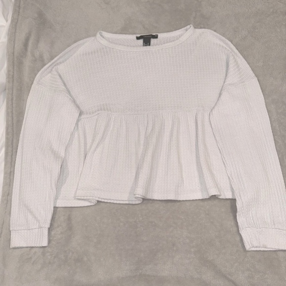 Forever 21 White Long Sleeve Peplum Crop Blouse